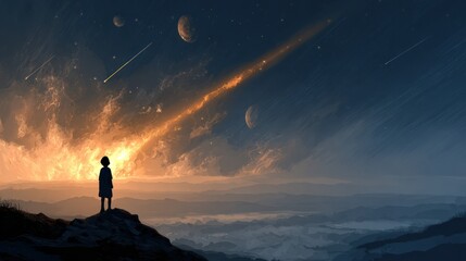 Fototapeta premium Child stands on hill watching meteors falling in an imaginative, dreamy landscape