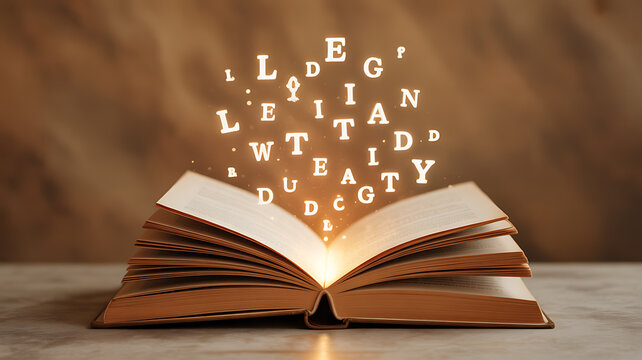 An open book with glowing letters floating above it, forming words related to legacy and identity.