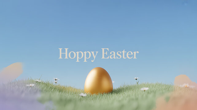 Golden Easter egg on grassy hill under clear blue sky with 'Hoppy Easter' text