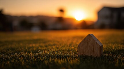 Simple wooden house model on green grass field with warm sunset light creating peaceful atmosphere for family love care and real estate concept commercial design background.