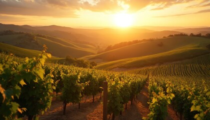Naklejka premium Golden hour over picturesque vineyard. Rolling hills landscape, sun sets over farm, rows of grape vines ready for harvest. Rural countryside wine growing region with beautiful sunlight scenery.