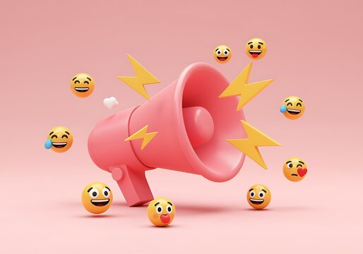 Pink Megaphone Announcing News with Vibrant Emojis and Yellow Lightning Bolts for Dynamic Communication and Engaging Social Media Updates - Powered by Adobe