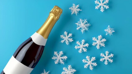Champagne bottle elegantly positioned against a vibrant blue backdrop, surrounded by delicate snowflakes, capturing the festive spirit and celebration atmosphere in a visually striking composition - Powered by Adobe