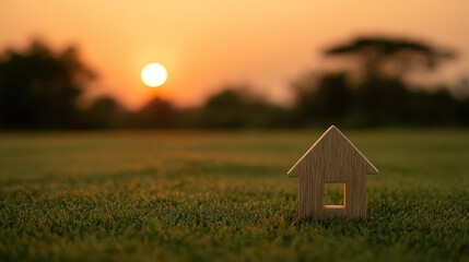 Simple wooden house model on green grass field with warm sunset light creating peaceful atmosphere for family love care and real estate concept commercial design background.