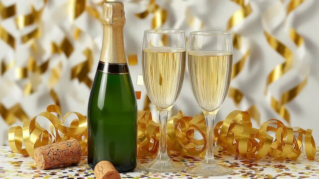 Champagne bottle with two filled glasses, surrounded by festive decorations and confetti, showcasing the celebratory moment of pouring and enjoying sparkling wine during a joyful occasion