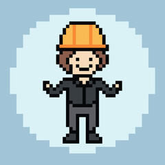 Fototapeta premium Cartoon pixel 8 bit character engineer man worker industry warehouse fix decoration 8 bit male boy male engineer construction storage game vector.