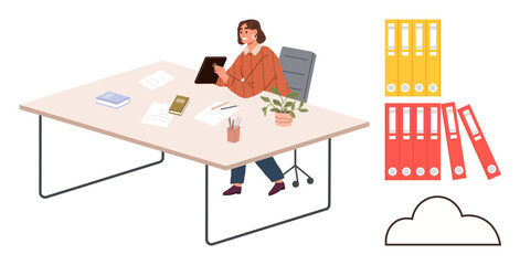 Woman using a digital tablet at a spacious desk surrounded by office supplies, folders, and cloud storage icon. Ideal for organization, productivity, digital storage, paperwork, workspace