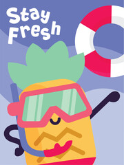 Cute summer mascots poster pineapple swimming ring snorkel goggles