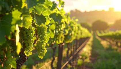 Papier peint photo Vignoble A sunlit vineyard with rows of grapevines laden with ripening grapes, captured at golden hour. The leaves glow as the sun sets  © Project
