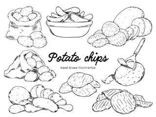 set of  hand drawn potato chips, raw and cut potatoes outline drawing illustration