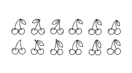 Collection of hand drawn cherry silhouettes with stems and leaves