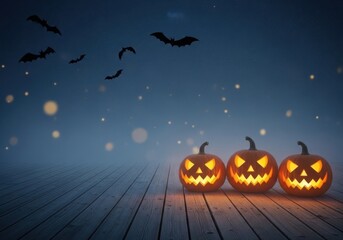 Three illuminated Halloween pumpkins on a wooden surface at night jack-o-lantern glowing