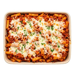 Hearty baked pasta dish with penne noodles, rich meat sauce, and melted mozzarella cheese, isolated on transparent background