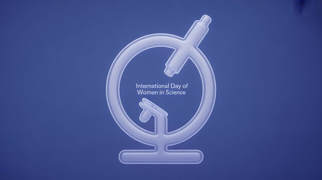 International Day of Women in Science logo featuring a stylized microscope design on a blue background