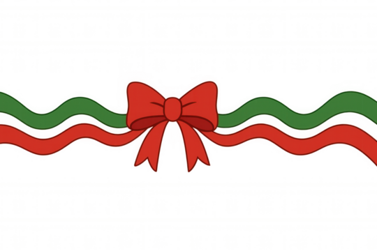 Red bow with green and red wavy ribbons symbolizing festive decoration and christmas spirit on transparent background