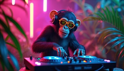 Cute monkey dj celebrates baby birthday in jungle party. Fun music vibes in colorful illuminated neon environment. Whimsical joyful animal DJ playing music on console.