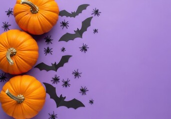 Three orange pumpkins with black bats and spiders on purple background Keywords: halloween