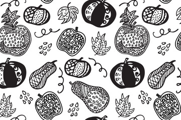 Seamless pattern with different doodle-style pumpkins in white and black color
