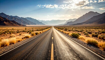 Long road stretches to mountains with desert landscape under sunny sky, and travel concept.