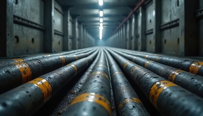 Perspective view of electric high voltage cables arranged in industrial tunnel. Thick rubber insulation wires run under ceiling creating depth effect. Safe energy equipment installation in factory.