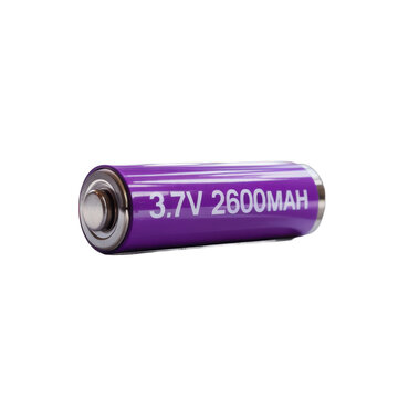 A single purple cylindrical battery with 3 7v 2600mah printed in white text isolated on transparent background