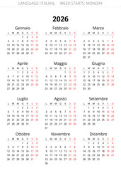 Simple 2026 Italian calendar. Clear png illustration for Italy
