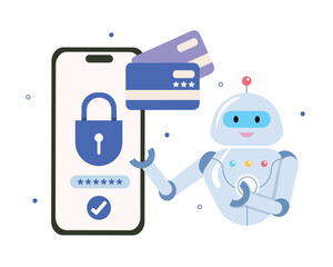 Vector illustration of Robot with smartphone and interface of login for security. Innovation and technology concept.