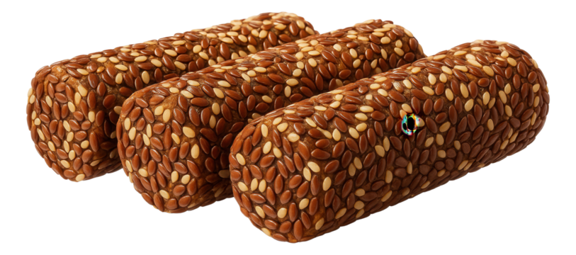 Three cylindrical multigrain bread loaves covered with flax and sesame seeds.