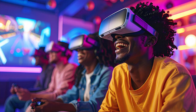 Group of friends enjoying virtual reality gaming experience in a vibrant setting.