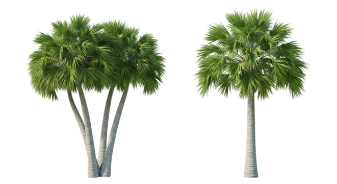 Two lush green palm trees stand tall against an isolated on transparent background, showcasing their tropical beauty and elegance