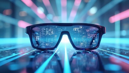 Closeup of smart glasses in futuristic urban setting. Digital visualization displays various information. Wearable tech revolution, connectivity, data display, UI elements for digital interfaces,
