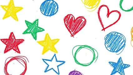A cheerful and colorful hand-drawn pattern with cute doodles of stars, hearts, and dots. A simple and playful background design for children's projects, stationery, or party decorations