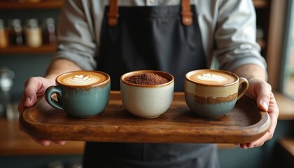 Barista carries wooden tray with pottery cups of cappuccino and coffee powder. Pro server holds fresh coffee, demonstrates artisanal beverages in cafe. Service in cafeteria.