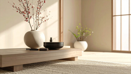 Peaceful Japanese style room with low wooden table and ikebana floral arrangement in soft morning light.