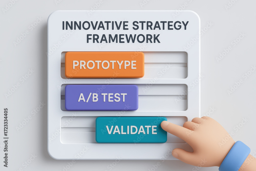 Aufkleber innovative strategy framework concept with prototype, a/b test, and validate steps shown on slider i