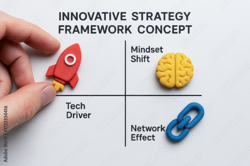 Poster innovative strategy framework concept with tech driver rocket, mindset shift brain, and network effe