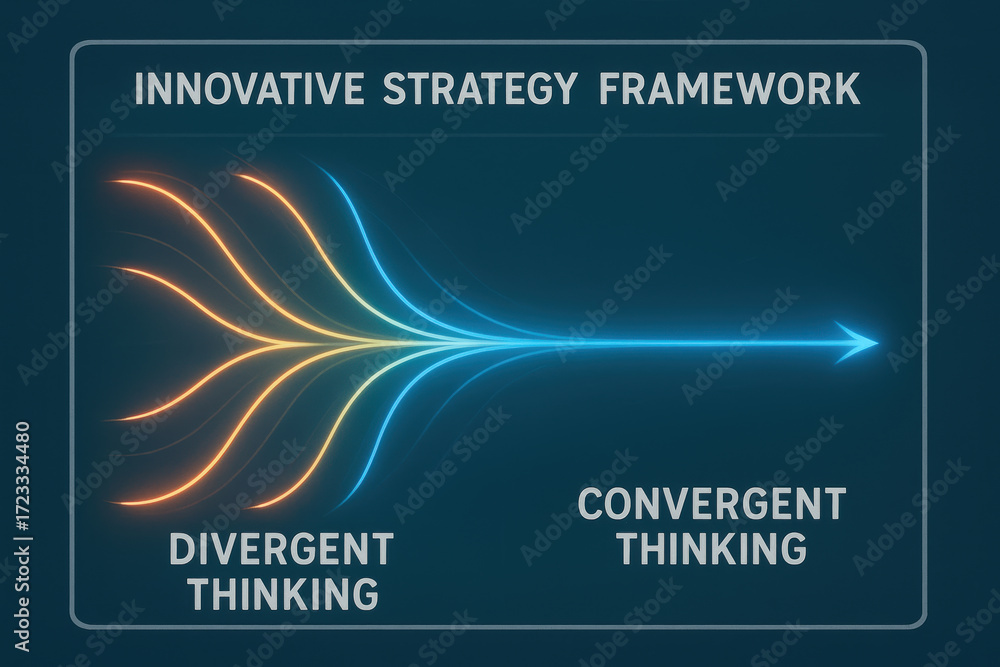 Poster innovative strategy framework illustrates divergent thinking merging into convergent thinking creati