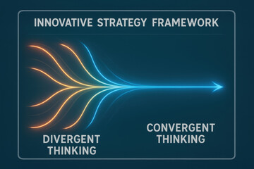 Innovative strategy framework illustrates divergent thinking merging into convergent thinking creating clear path for effective decision making