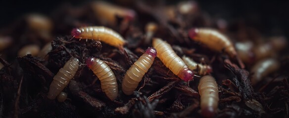 Maggots writhe in despair on rotting flesh evoking decay and unease.