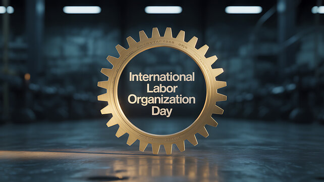 Golden gear with 'International Labor Organization Day' text displayed in an industrial setting