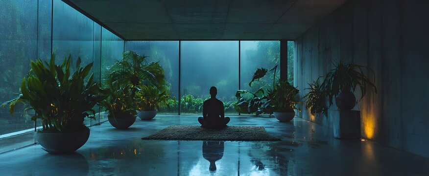 Man meditating indoors sits cross-legged in a serene minimalist room with lush plants and rainy reflections.