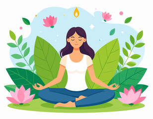 A woman with closed eyes is meditating in a lotus position, surrounded by green leaves and pink lotus flowers.
