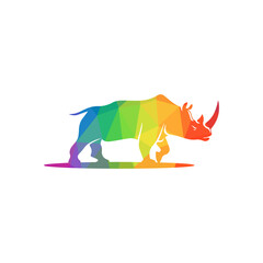 A vibrant, low-polygon silhouette of a rhinoceros walking, rendered in a spectrum of rainbow colors against a clean white background.