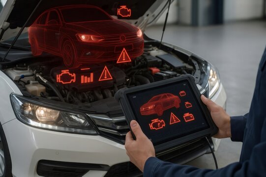 Mechanic diagnosing car engine issues using digital tablet