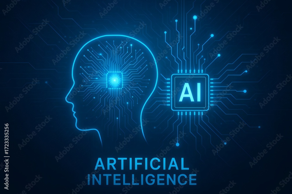Poster artificial intelligence brain technology concept with circuit board