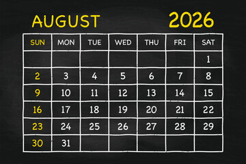 August 2026 Calendar on Chalkboard Background with Yellow Chalk Effect