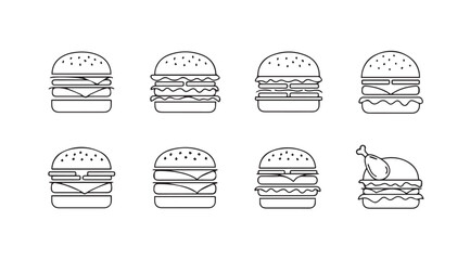 Collection of eight distinct hamburger and chicken burger silhouettes in a clean outline style