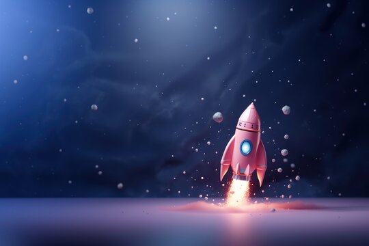 3D illustration of a space rocket, floating in galaxy, cute, minimal.