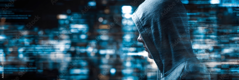 Aufkleber hooded hacker planning cyber attack looking source code