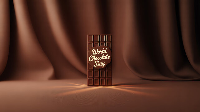 A chocolate bar with 'World Chocolate Day' text displayed on a dark, draped background with warm lighting.